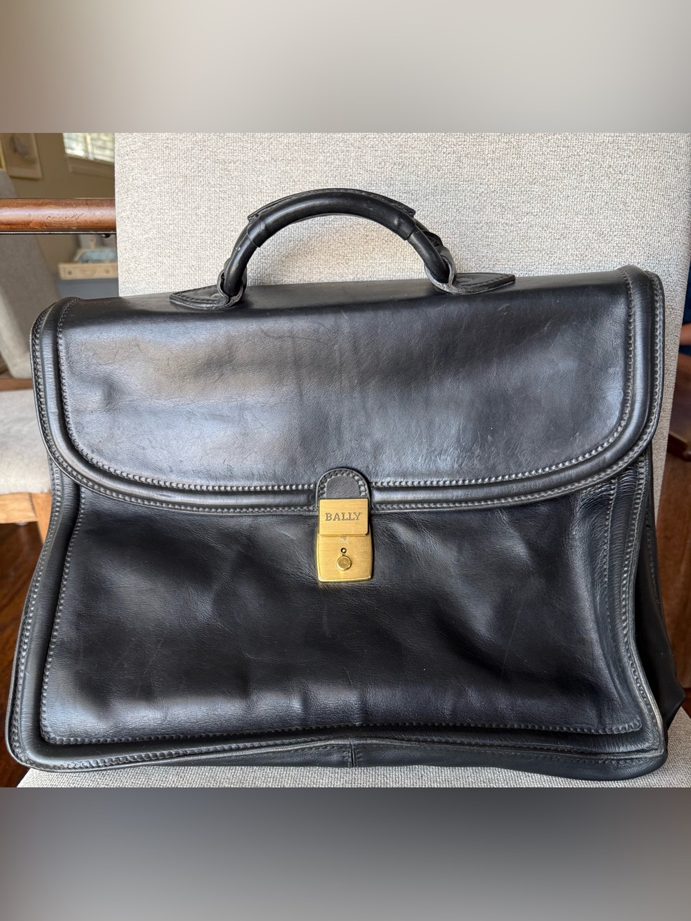 Vintage Bally Italy Black Leather Briefcase Attaché Brass Lock & Original Key
